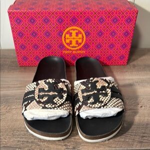 Tory Burch Black and Snake Print Slides